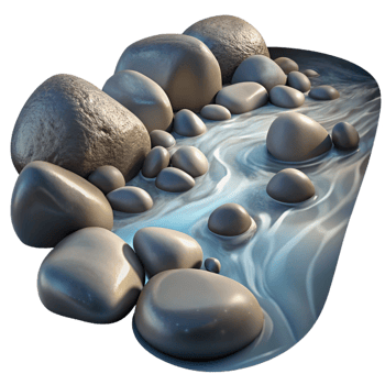 extraordinary abstract A crystal clear stream flowing over smooth pebbles, dappled sunlight, realistic style authentic png