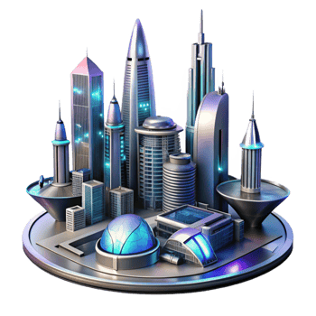 elegant vintage Futuristic cityscape, sleek metallic towers, flying vehicles, neon lights reflecting on polished surfaces, cyberpunk art style premium png