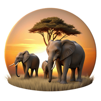 impressive minimalist A family of elephants walking across a savanna, their silhouettes bathed in the golden light of dawn, rendered in a warm, evocative style high quality png
