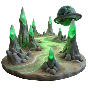 elegant traditional A desolate alien landscape with strange, rock formations and swirling dust devils, illuminated by the harsh, green light of a nearby nebula. Surreal style detailed png