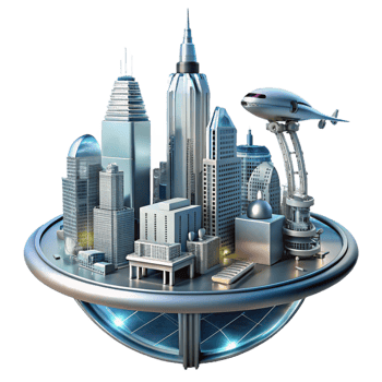 vibrant classic A futuristic cityscape, towering skyscrapers and flying vehicles, reflected in the polished chrome surface of a robotic arm. Cyberpunk style, digital art 4K png
