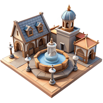 serene creative A medieval town square with a fountain, bustling activity, realistic detail, bright sunlight original png