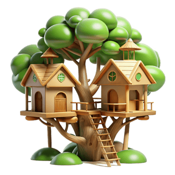extraordinary vintage Treehouse village, interconnected wooden structures, lush foliage, dappled sunlight, whimsical style professional png