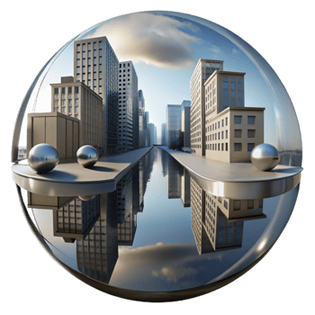 beautiful modern A reflective puddle in a city street mirroring the surrounding buildings, distorted perspective, rainy day, abstract expressionism detailed png