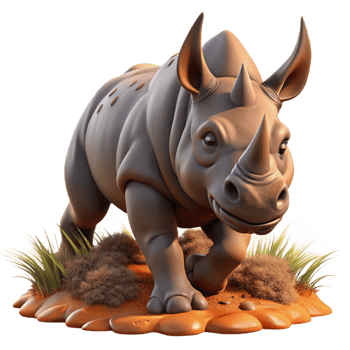 stunning contemporary A powerful rhinoceros charging through the bush, its thick hide covered in mud, depicted in an intense, action-packed style professional png