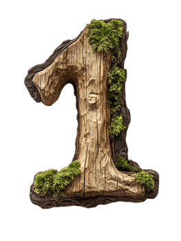 Wooden Number One with Moss Detail Isolated on Transparent Background Rendered in High Detail For Graphic Design and Ecological Themes png