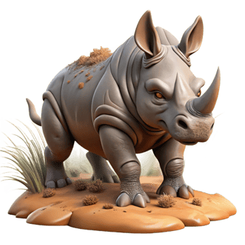 impressive classic A powerful rhinoceros charging through the bush, its thick hide covered in mud, depicted in an intense, action-packed style premium png