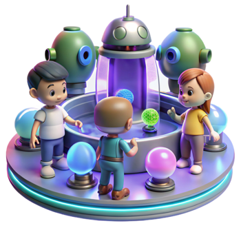 beautiful classic A group of children playing with robotic pets in a futuristic park, illuminated by soft, colorful lights. Cartoon style high quality png