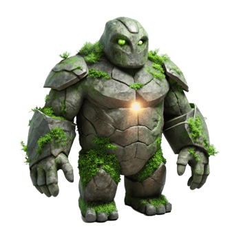 elegant classic An ancient, crumbling stone golem, covered in moss and vines, lit by a single beam of light. Surreal, dark fantasy style high resolution png