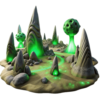 wonderful creative A desolate alien landscape with strange, rock formations and swirling dust devils, illuminated by the harsh, green light of a nearby nebula. Surreal style professional png