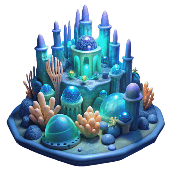 wonderful minimalist An underwater city constructed of bioluminescent coral, bathed in the ethereal glow of deep-sea creatures, fantasy art style detailed png