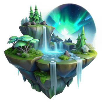 serene contemporary A floating island, covered in lush vegetation and waterfalls, illuminated by a magical aurora. Dreamlike, fantasy art style high quality png