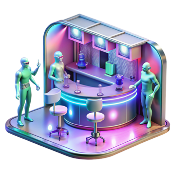 extraordinary traditional A futuristic bar scene with holographic dancers and patrons with cybernetic implants, in a vibrant, art deco style professional png