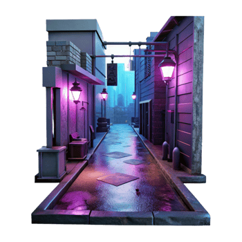 elegant abstract Cyberpunk alleyway, neon signs, grimy textures, rainy night, dystopian style 4K png