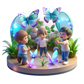 beautiful classic A group of children playing with holographic butterflies in a lush, indoor garden, illuminated by soft, diffused light. Impressionist style high resolution png