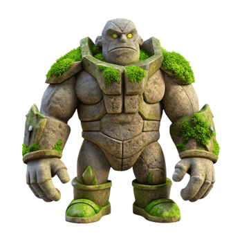 stunning minimalist A powerful golem made of stone and moss, standing guard in a forgotten temple. Soft, ambient lighting, ancient fantasy style authentic png