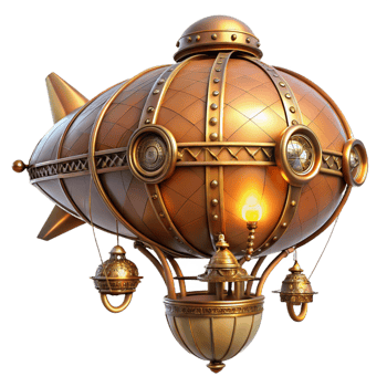 stunning traditional A steampunk airship, copper and brass, intricate clockwork gears visible, lit by warm flickering gaslight, highly detailed, art nouveau inspired premium png