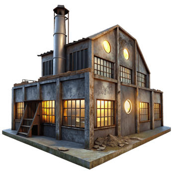 vibrant classic An abandoned industrial factory with rusty metal structures and broken windows, dimly lit by moonlight. Urban decay, dystopian, grunge aesthetic professional png