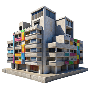 vibrant traditional A Brutalist concrete apartment complex with colorful graffiti art, harsh midday sunlight, photographic style high quality png