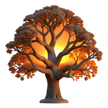 dramatic vintage A gnarled oak tree silhouetted against a fiery sunset, stark and dramatic lighting, etching style high resolution png