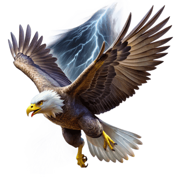serene artistic A regal bald eagle soaring through a stormy sky, lightning illuminating its powerful wings. Dramatic lighting and dynamic pose. Digital painting style genuine png