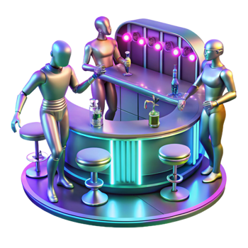 impressive creative A futuristic bar scene with holographic dancers and patrons with cybernetic implants, in a vibrant, art deco style authentic png