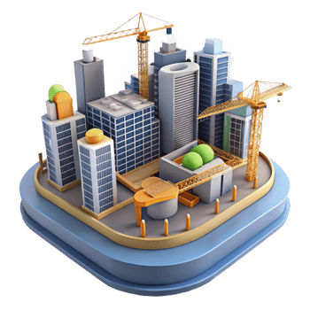 beautiful abstract A construction site in the heart of the city, cranes and scaffolding, bright daylight, industrial aesthetic detailed png