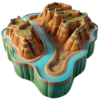 wonderful artistic A winding river carving through a canyon, aerial view, vast and expansive landscape authentic png
