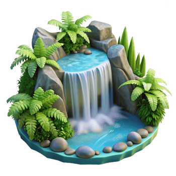 serene modern A cascading waterfall plunging into a crystal-clear pool, surrounded by lush green ferns, with a romantic, landscape painting style high quality png