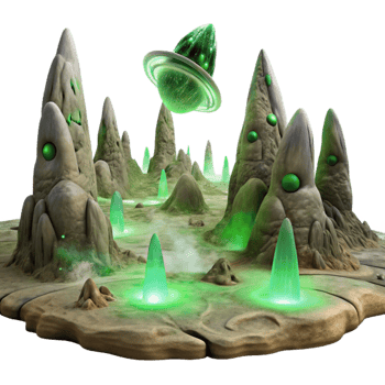 dramatic vintage A desolate alien landscape with strange, rock formations and swirling dust devils, illuminated by the harsh, green light of a nearby nebula. Surreal style premium png