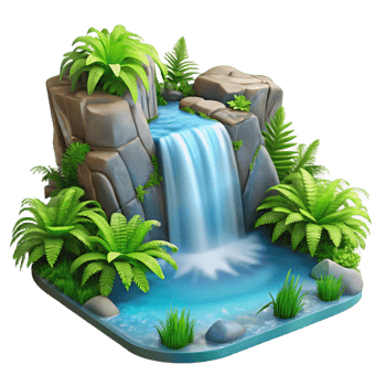 vibrant modern A cascading waterfall plunging into a crystal-clear pool, surrounded by lush green ferns, with a romantic, landscape painting style authentic png