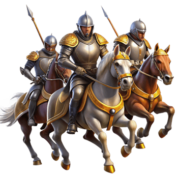 impressive minimalist A group of brave knights in shining armor, charging into battle on horseback. Dramatic, action-packed lighting, medieval fantasy style high resolution png