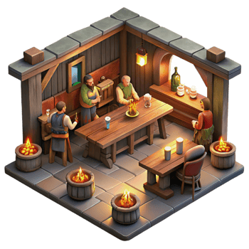 magnificent abstract A medieval tavern interior with patrons drinking and gambling, warm candlelight, genre painting style, detailed wood textures genuine png