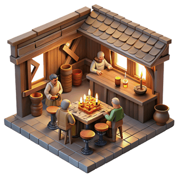wonderful creative A medieval tavern interior with patrons drinking and gambling, warm candlelight, genre painting style, detailed wood textures high resolution png