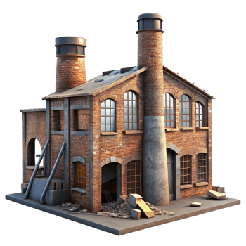 extraordinary classic Abandoned factory, decaying brick walls, broken windows, eerie lighting, urban decay style high quality png