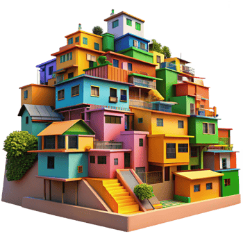 beautiful abstract A vibrant, colorful favela built on a steep hillside, bright midday sunlight, street photography style original png