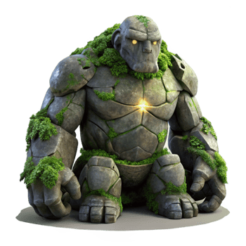 elegant minimalist A colossal stone golem awakens from its slumber, covered in moss and vines. Dramatic crepuscular lighting. Dark fantasy style high quality png