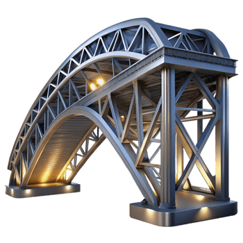 magnificent minimalist High-tech architecture bridge, exposed steel structure, intricate engineering, dramatic nighttime lighting, highly detailed, High-tech style premium png