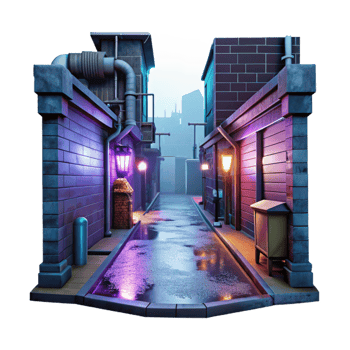 serene modern Cyberpunk alleyway, neon signs, grimy textures, rainy night, dystopian style original png