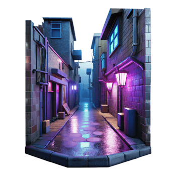 beautiful artistic Cyberpunk alleyway, neon signs, grimy textures, rainy night, dystopian style authentic png