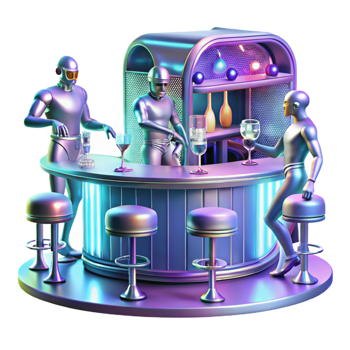 serene artistic A futuristic bar scene with holographic dancers and patrons with cybernetic implants, in a vibrant, art deco style 4K png