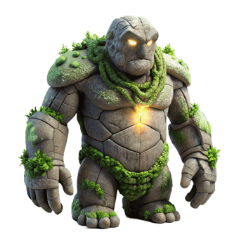 serene rustic An ancient, crumbling stone golem, covered in moss and vines, lit by a single beam of light. Surreal, dark fantasy style professional png