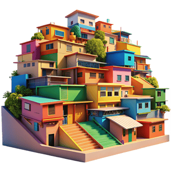 impressive classic A vibrant, colorful favela built on a steep hillside, bright midday sunlight, street photography style professional png