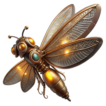 wonderful minimalist A steampunk mechanical dragonfly with delicate brass wings, intricate gears, and glowing amber eyes, hovering in mid-air, lit by a soft spotlight detailed png