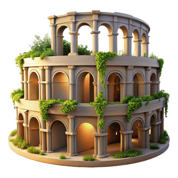 beautiful artistic A crumbling ancient Roman amphitheater overgrown with vines, lit by the soft light of dawn, photorealistic style authentic png