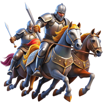 vibrant classic A group of brave knights in shining armor, charging into battle on horseback. Dramatic, action-packed lighting, medieval fantasy style high quality png