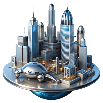 beautiful artistic A futuristic cityscape, towering skyscrapers and flying vehicles, reflected in the polished chrome surface of a robotic arm. Cyberpunk style, digital art genuine png