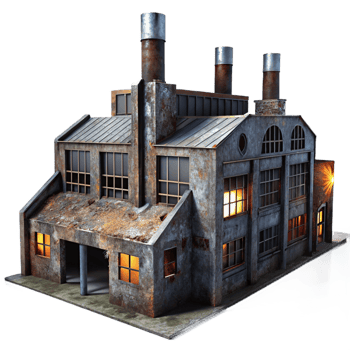 serene vintage An abandoned industrial factory with rusty metal structures and broken windows, dimly lit by moonlight. Urban decay, dystopian, grunge aesthetic high quality png
