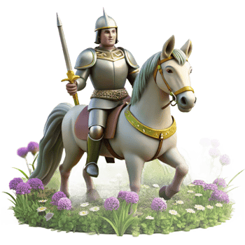 serene contemporary A noble knight in shining armor, riding a majestic unicorn through a field of wildflowers. Bright, natural lighting. Romantic style detailed png