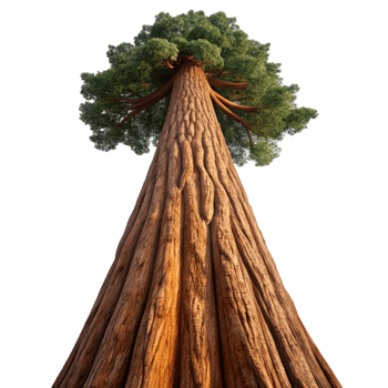 extraordinary creative A giant sequoia tree reaching towards the sky, its bark textured and weathered, with a majestic, nature photography style high resolution png